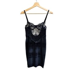 Black Lace Chemise Slip with Sheer Top and Solid Bottom, Size Extra Small